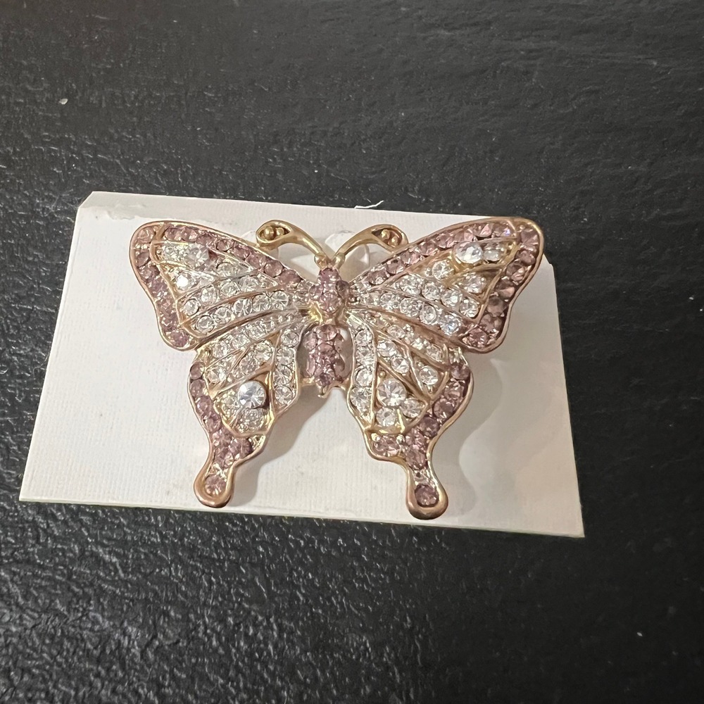 Vintage Pink Clear Rhinestone Butterfly Brooch Crystal Statement Pin